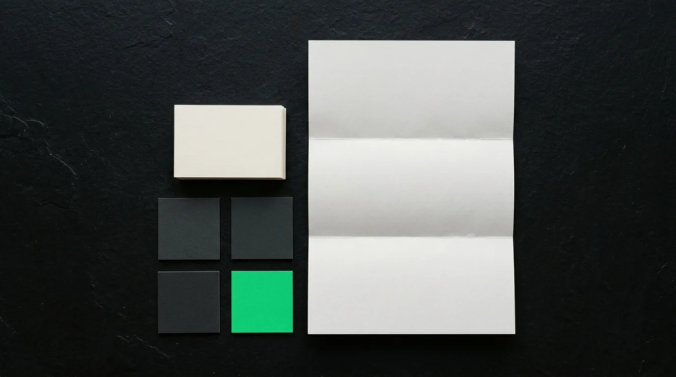 Unbranded business cards, letterhead and color chips on a dark surface