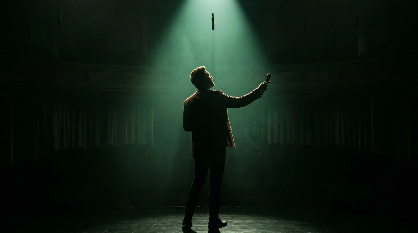 A speaker on a dark stage under a green spotlight