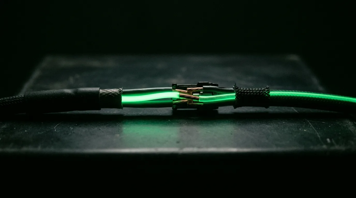 Two glowing green cables passing a signal from one to the other