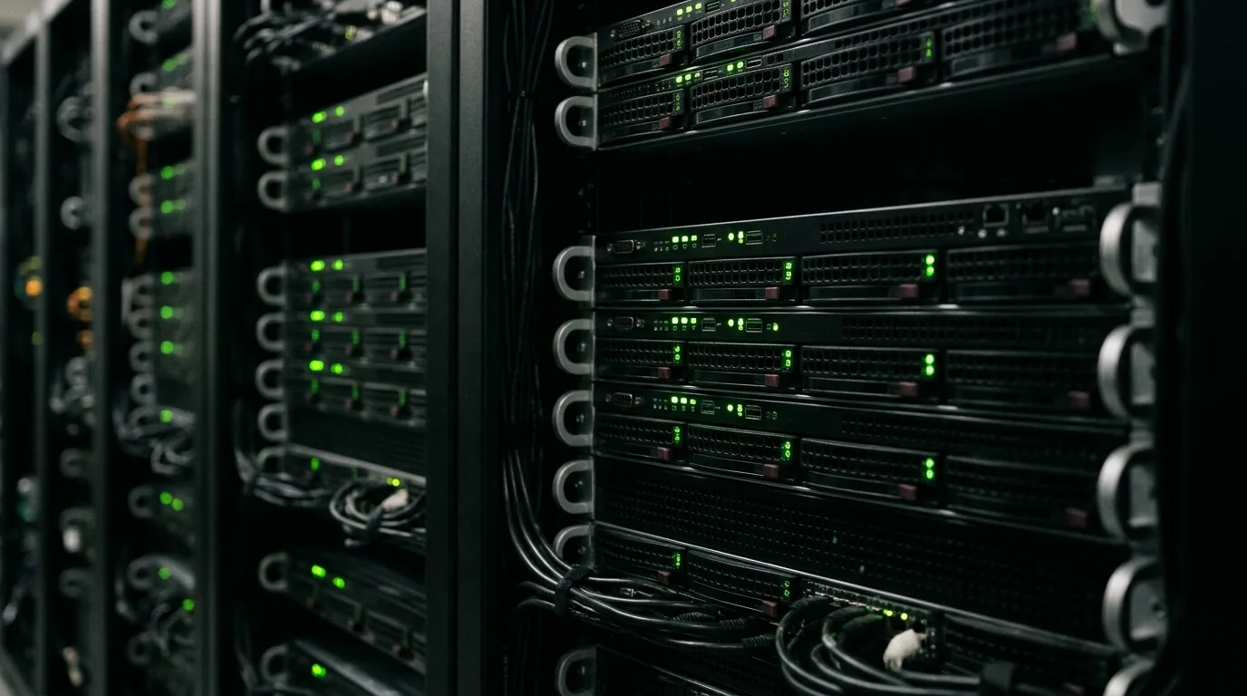 A server rack with rows of green status lights