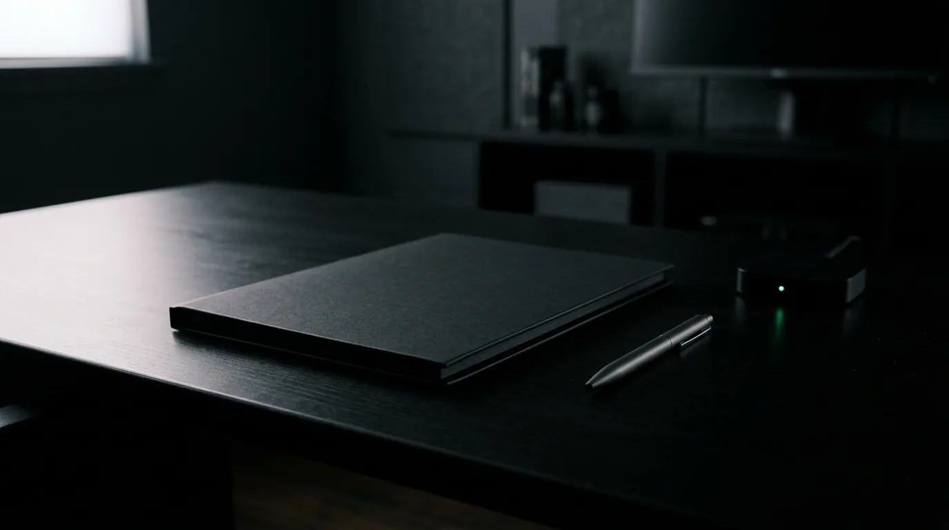 A dark desk with a closed folder, a pen and a small green light