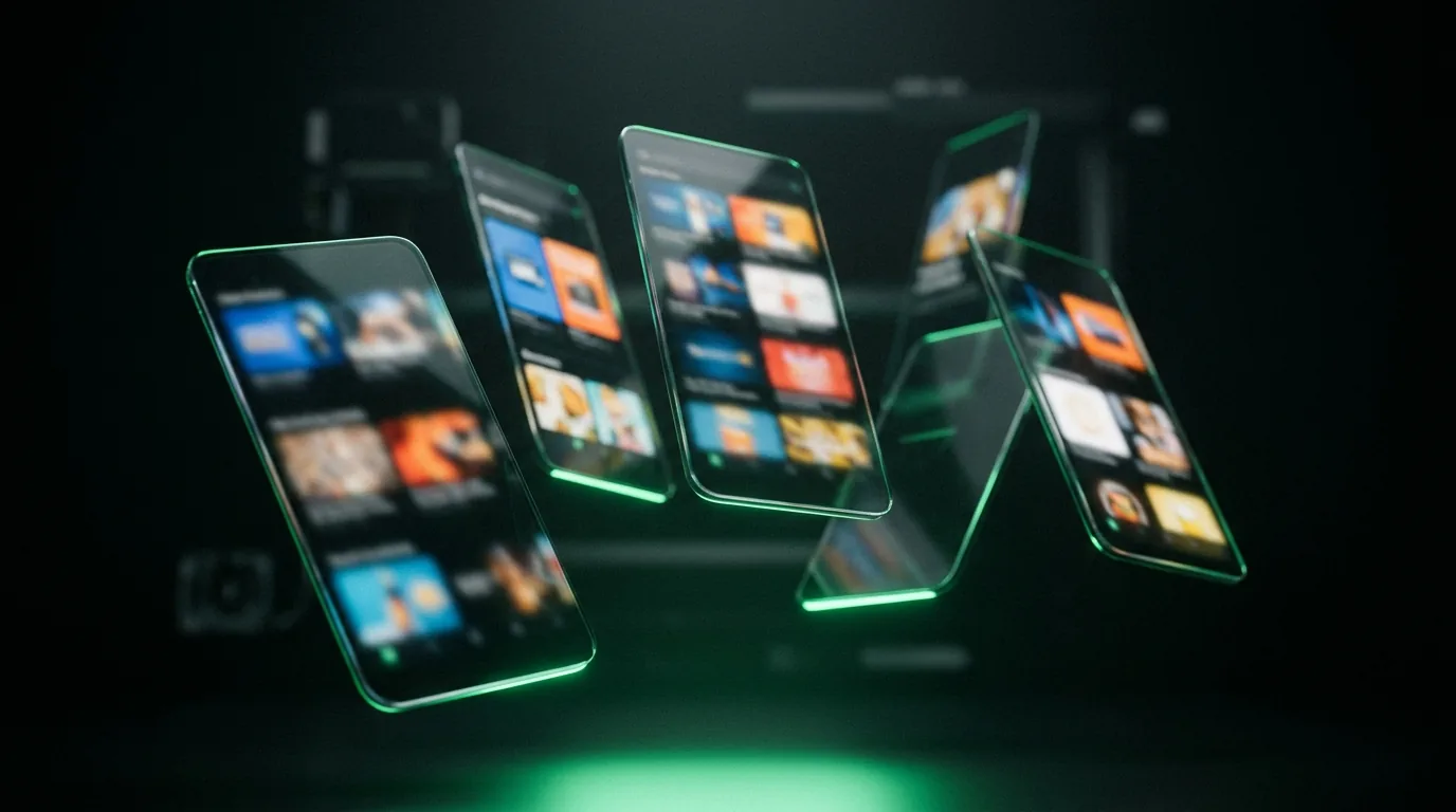Floating phone screens showing blurred ad thumbnails in green light