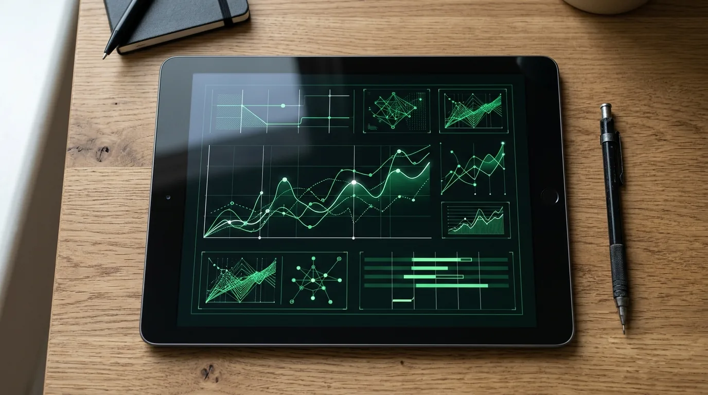 A tablet showing a weekly report with green charts