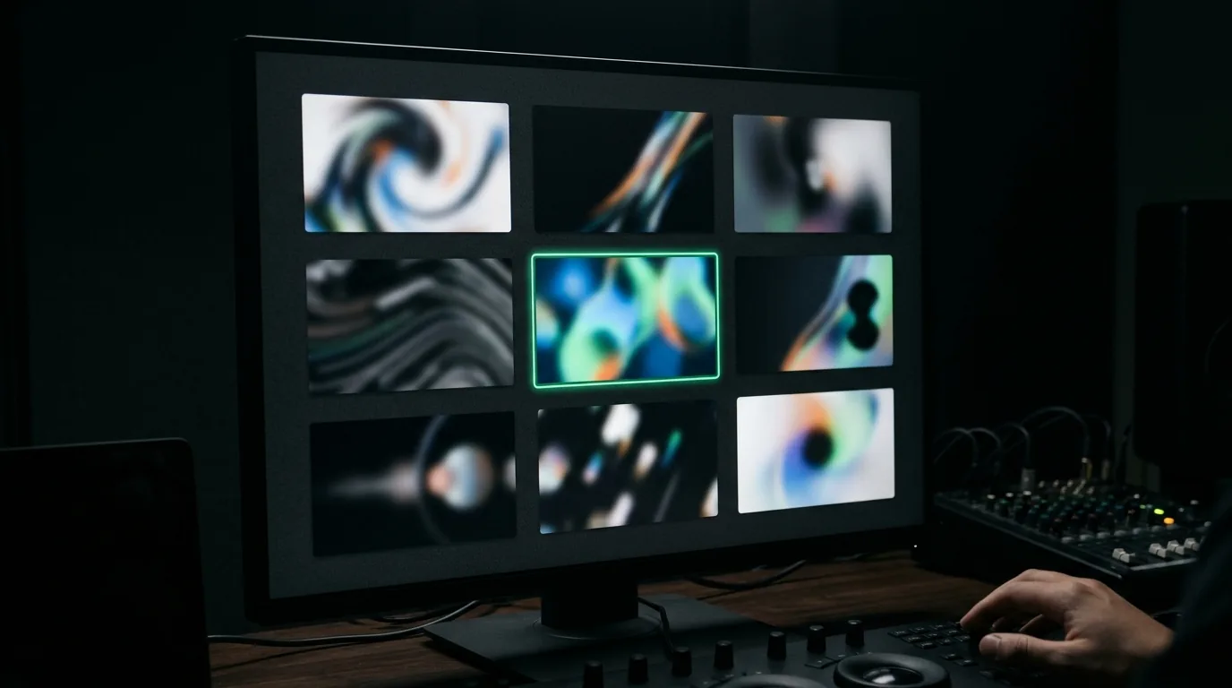 A grid of ad thumbnails with one outlined in green as the winner