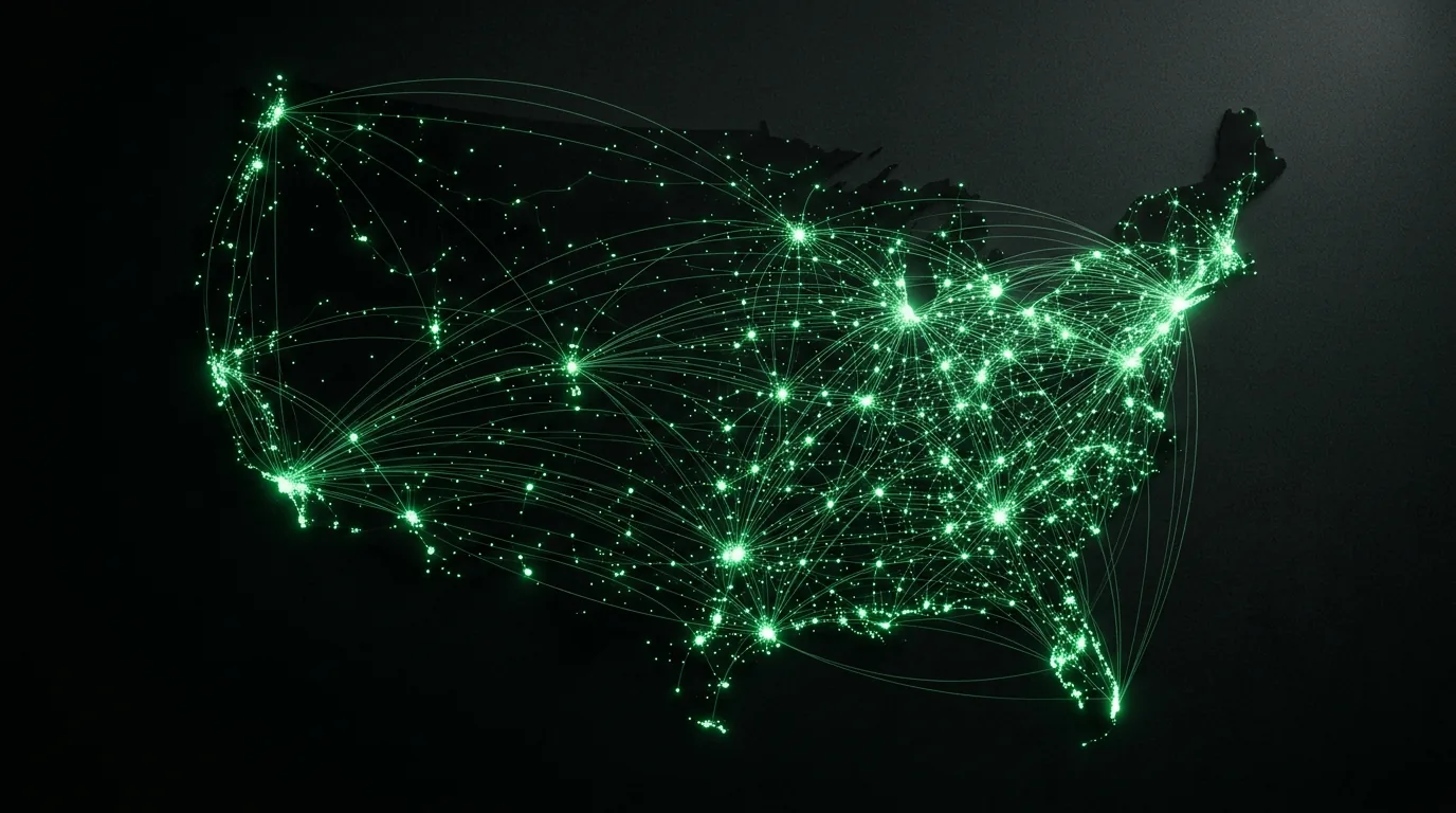 A map of the United States drawn in glowing green dots and arcs