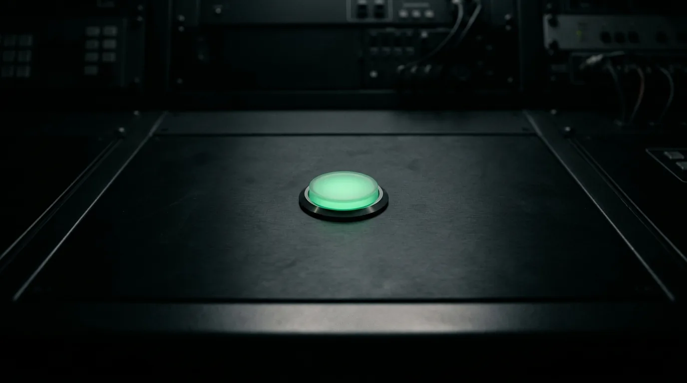 A single glowing green button on a dark console