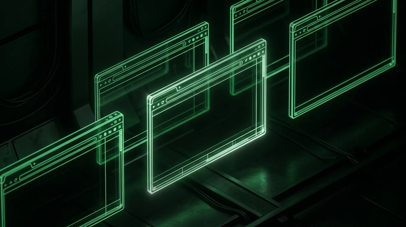 Floating browser windows drawn in green wireframe lines