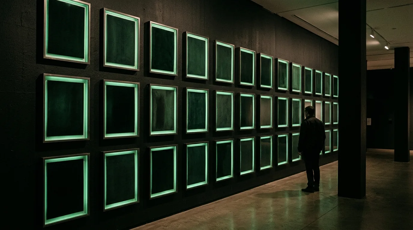 A wall of dark framed panels glowing green at the edges